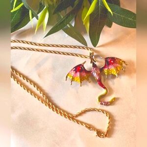 Gold Tone Rhinestone Colorful Dragon Pendant Necklace